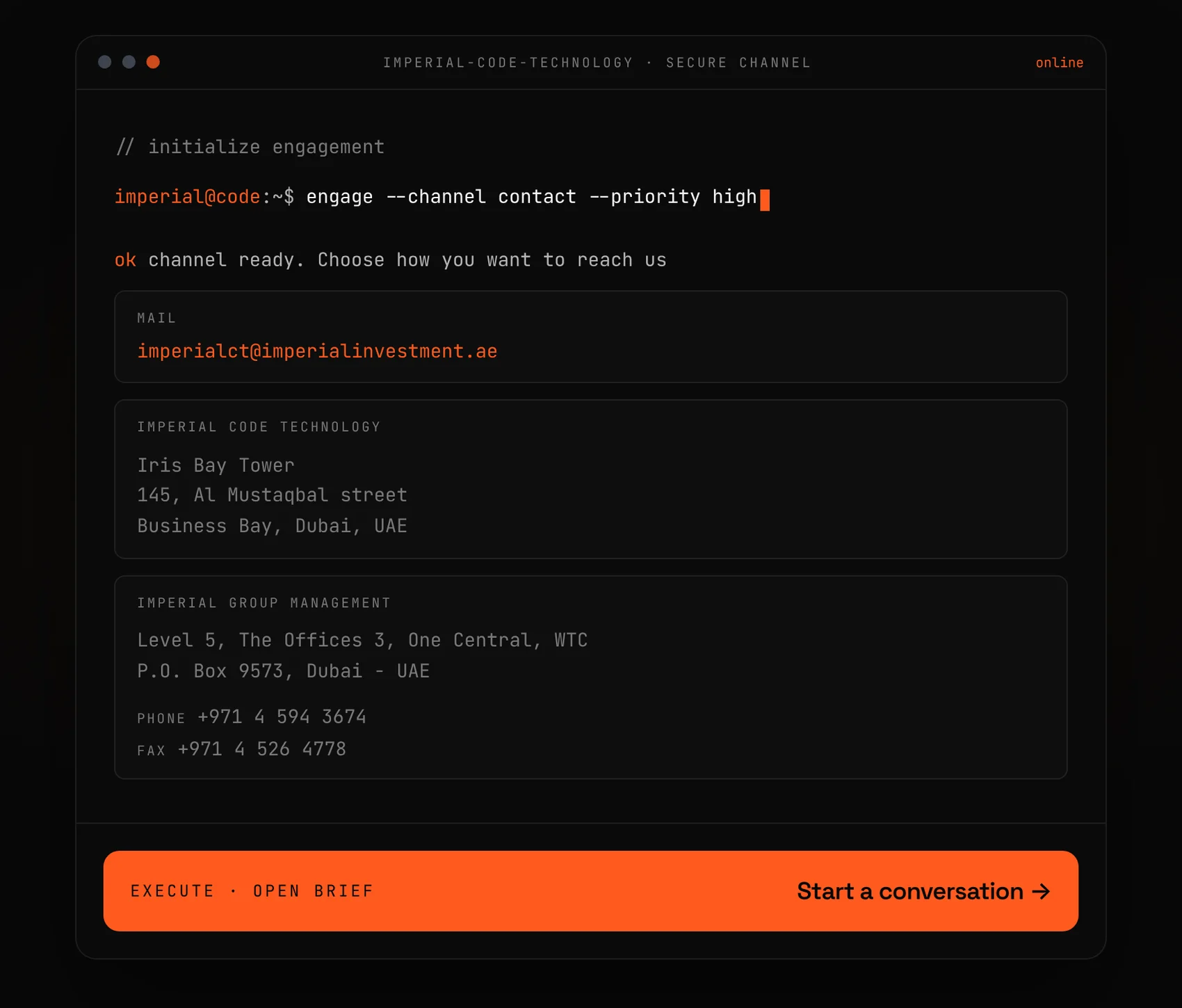 Secure channel block: a terminal window with contact details and a Start a conversation button
