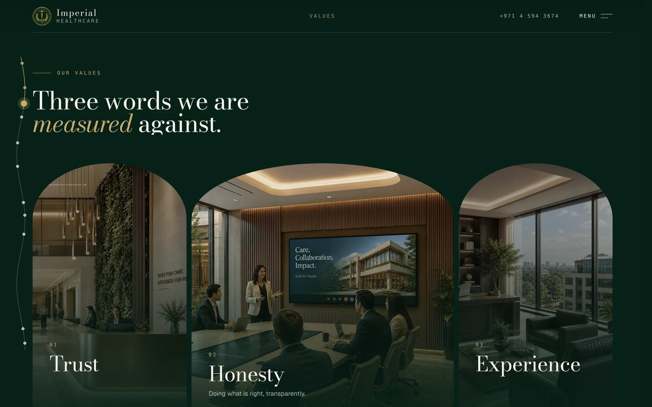 Values section: Trust, Honesty and Experience on three arched photographs