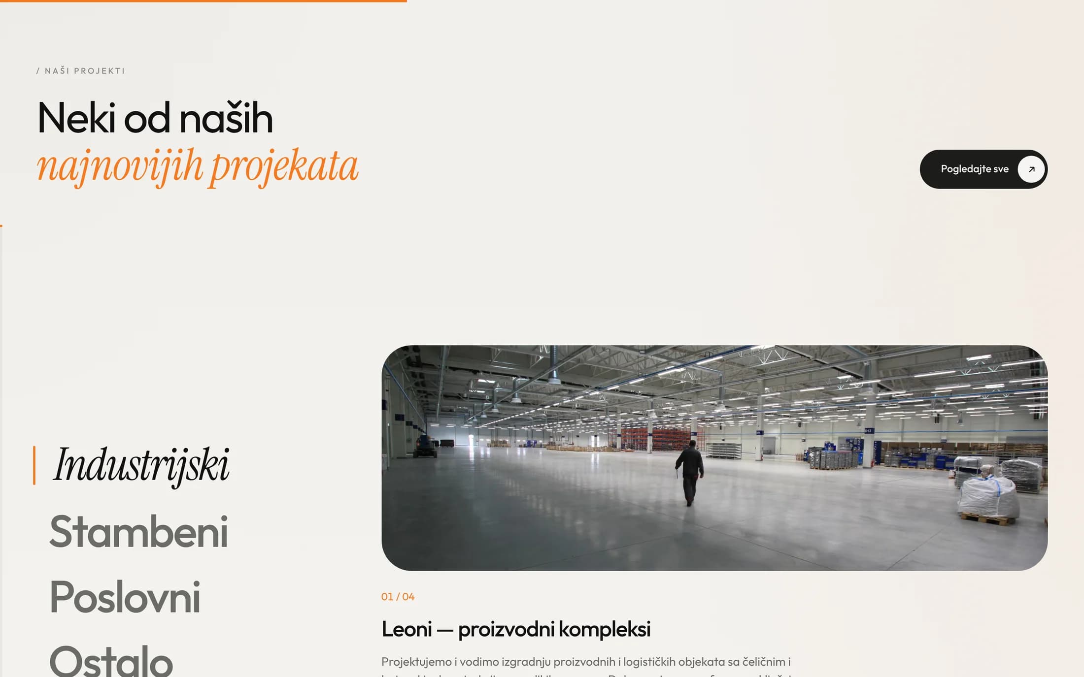 Projects section: four categories on the left, the Leoni production complex on the right